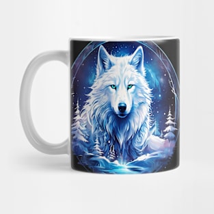 A White Wolf with Mountains, Floral Elements, Forests, Trees Mug